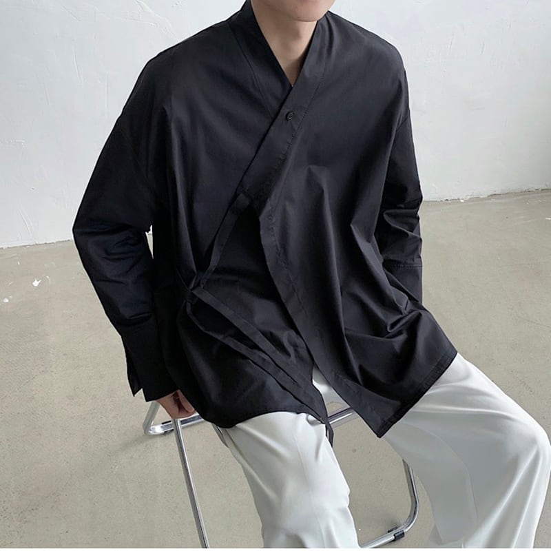 [Illustrated series] ★China style shirt★ 2color tops, long sleeve shirts, unisex, men's V-neck, plain, easy to match