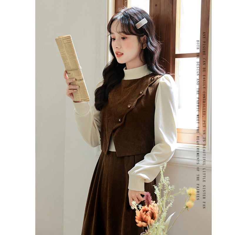 [CHIC Series] ★One Piece★ Faux Layered Corduroy Coffee Color Date Improves Temperament