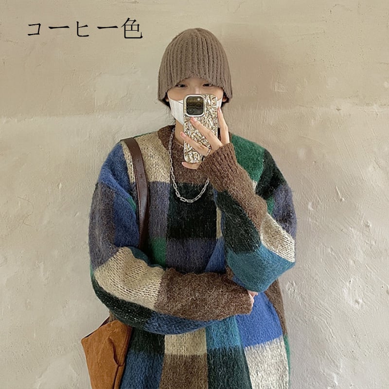 [Tetsusho Series]★Sweater★ 2color Knit Tops Unisex Men's Plaid Pattern Retro ML XL 2XL