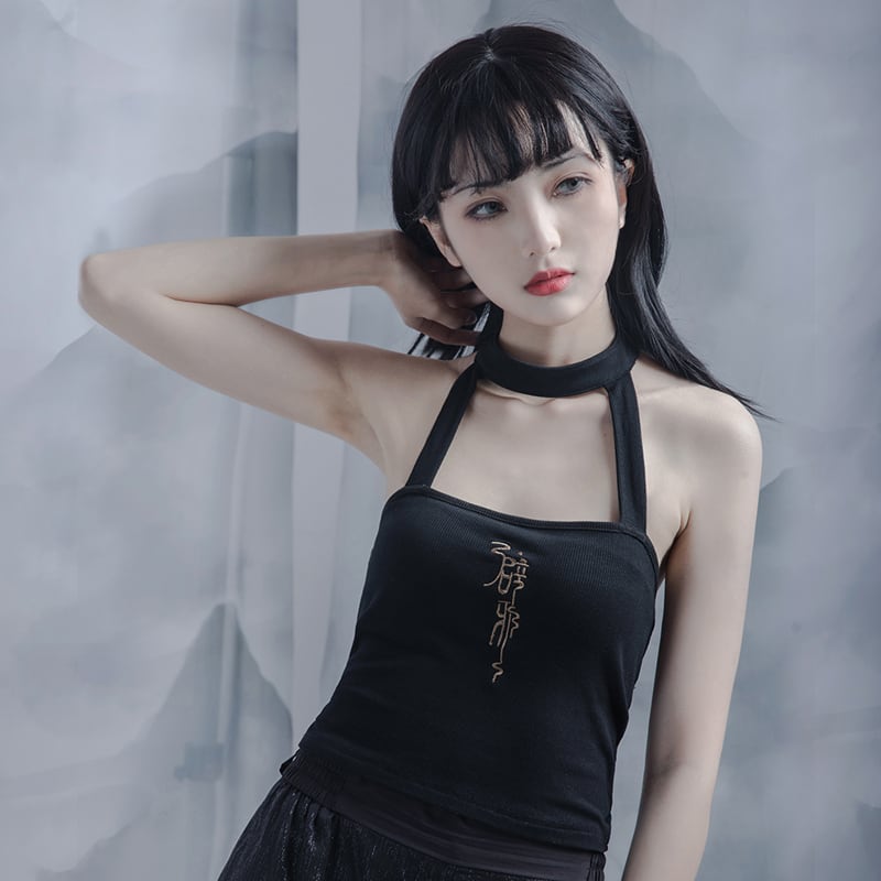 [Kyodo Series]★China style camisole★ Sexy embroidered knit tops Black Black SML Easy to match