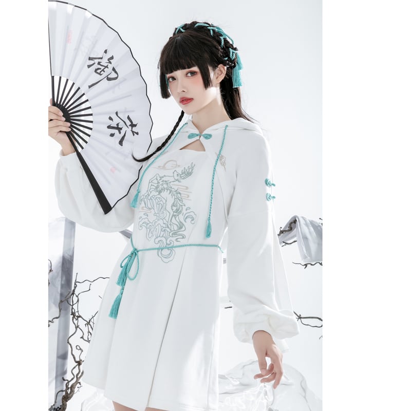 [Ochaya Series]★China style dress★ 2color black or white embroidery parka dress Chinese button cute