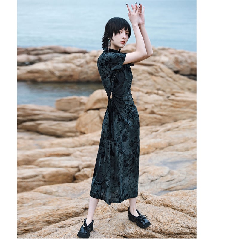 [Da Qinglong Shu Series] ★China style dress★ Improved cheongsam dress, sexy velvet, long length, improves temperament, photo shoot, party