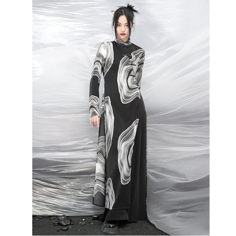 [Da Qinglong Shu Series] ★China-style dress★ Improved cheongsam dress, long sleeves, slits, print, long length, original, slimming