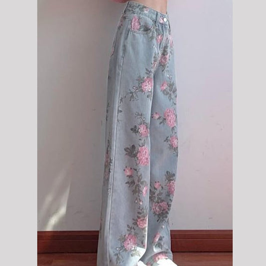 [REHUO Series]★Denim Pants★ Trousers Bottoms Rose Print Spring/Summer Light Blue Blue Stylish