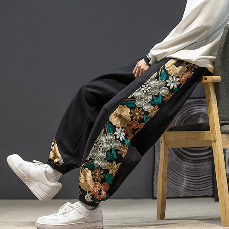 [Small trouble series] ★ Chinese style pants ★ Casual pants 4 colors Black or beige Embroidery Floral pattern Unisex Large size