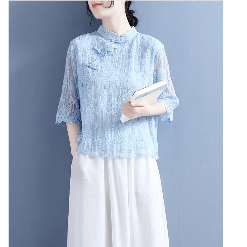 [Qing Series]★Chinese style shirt★ 4 colors lace Chinese clothes stand neck easy to match summer simple