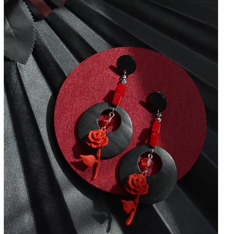 [MORE Bokuji series] ★China style earrings★ Pair earrings rose circle black red floral pattern retro