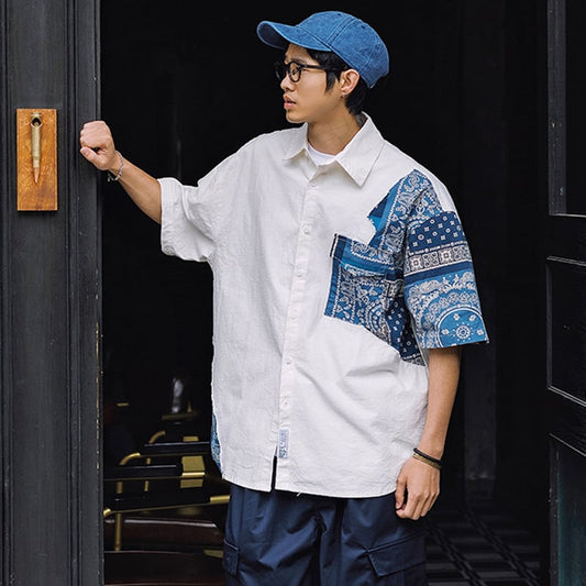 [ChangeWell Series]★Shirt★ Changeable Paisley Tops Floral Pattern Unisex Men's Blue White Casual