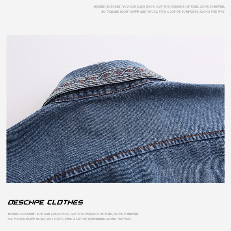 [DESCHPE Series]★Denim shirt★ Tops, short sleeve shirt, unisex, men's, embroidery, casual, unique, blue, summer clothes