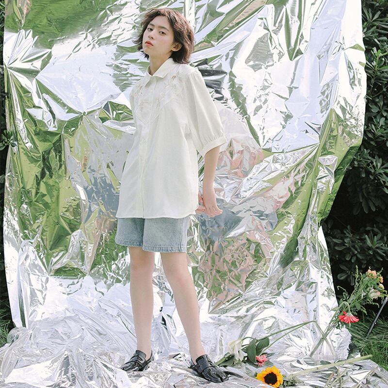 [Yang's Great Dream Series]★China Style Shirt★ Tops Embroidery Bubble Sleeves Short Sleeves White White Improves Temperament