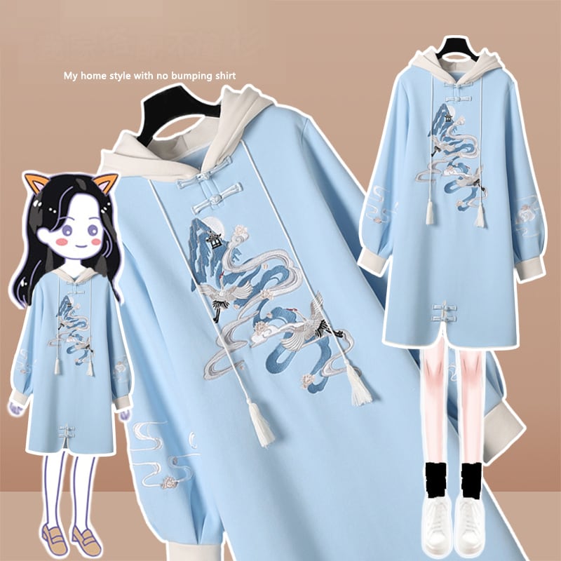 [Silk Series] ★Chinese style hoodie★ Fleece lining 2color hoodie dress Chinese clothing embroidery large size