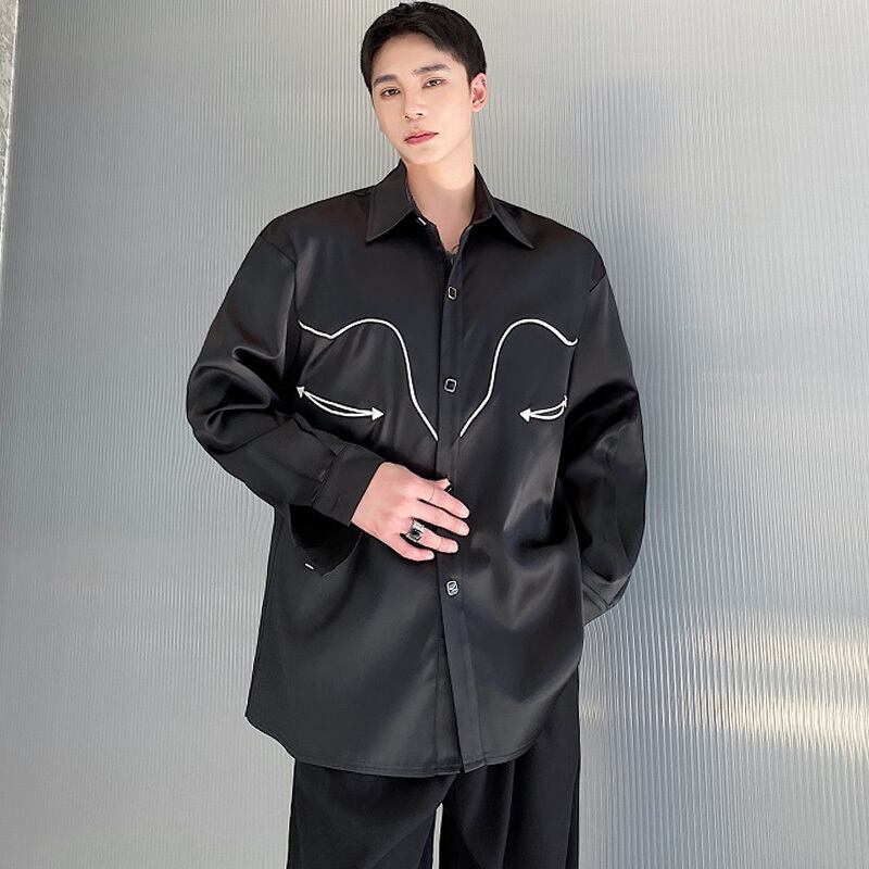 [Illustrated Series]★Shirt★ Tops Unisex Men's Long Sleeve Shirt Satin Black Black ML XL Unique