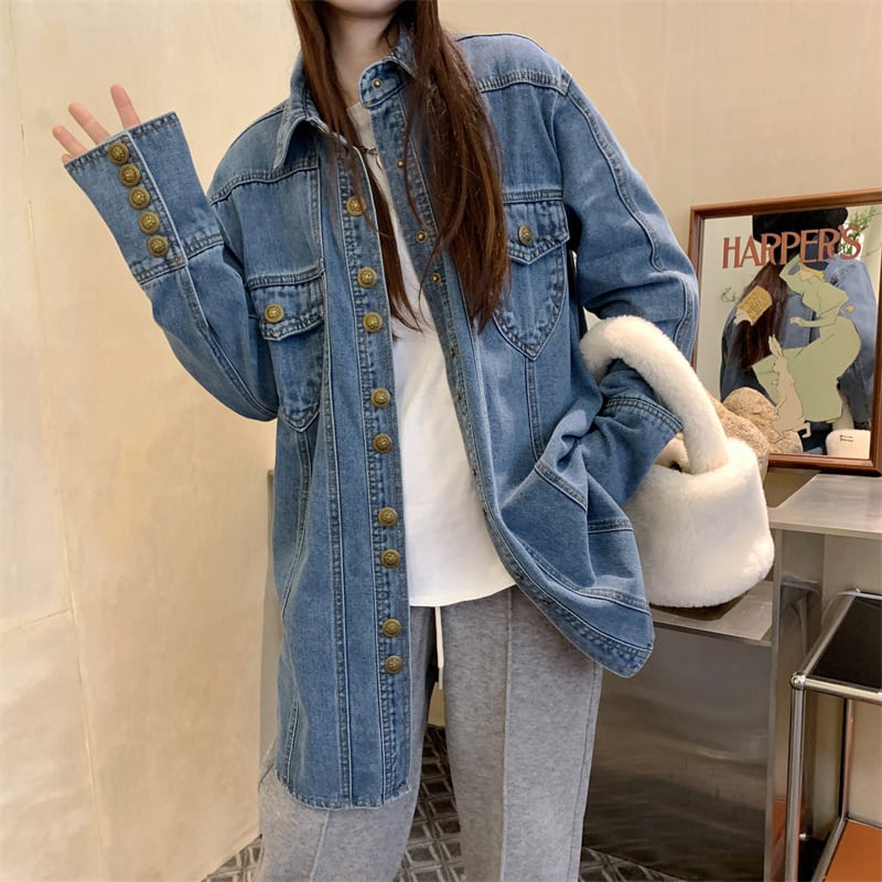 【KEKEシリーズ】★シャツ★ 2color トップス デニムシャツ おしゃれ 春服 合わせやすい M L ブルー 青い