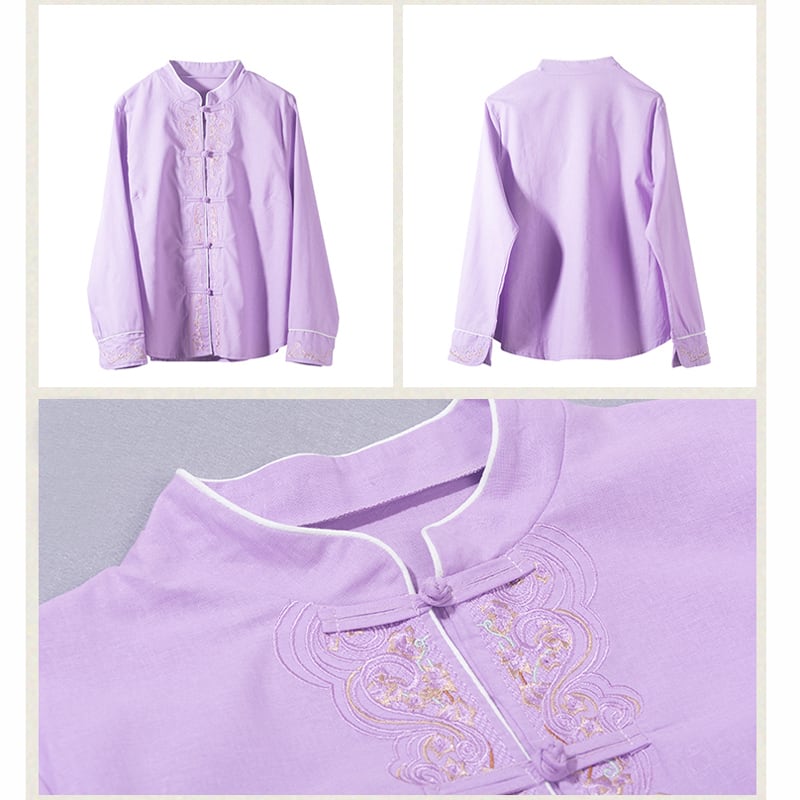 [Qing Series]★China style tops★ 3color embroidery long sleeve shirt simple easy to match Blue Yellow Purple