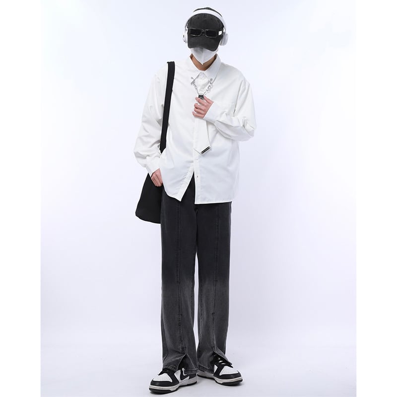 [KAER Series]★Shirt with tie★ Tops 2color Long sleeve shirt Short sleeve shirt Unisex Men's Large size Black White