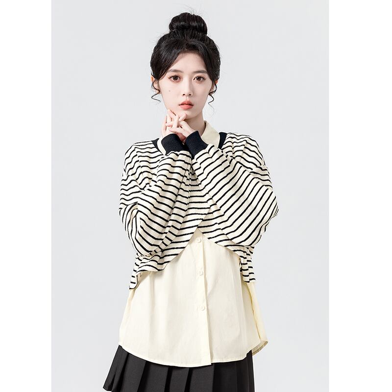 [WEIWU Series] ★Tops★ Fake layered horizontal stripes striped pattern POLO neck fashion SML