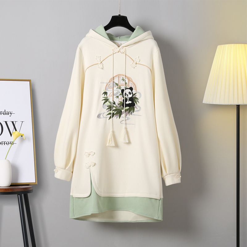 [Shogai Tadashi Cat Series] ★China style dress★ 2color embroidered panda Color scheme Retro ML XL 2XL 3XL Green Beige