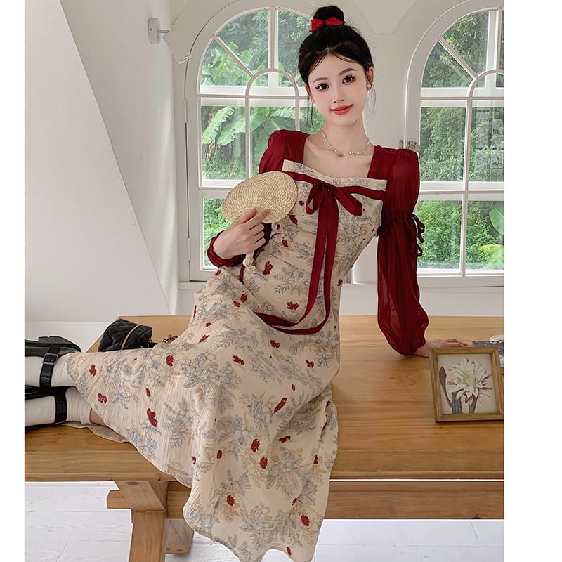 [JIGUJIGU series] ★China style dress★ Switching ribbon, large size, improves temperament, commuting, date, red, red, floral pattern