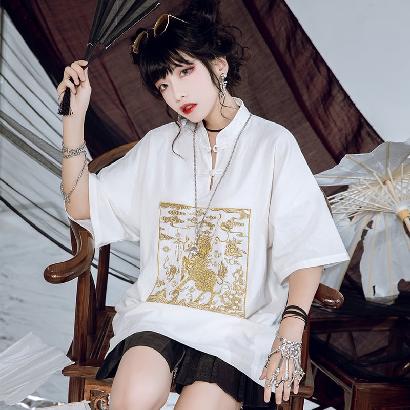 [Kyodo Series]★China style shirt★ 2color black or white original embroidery cotton linen SML XL unisex men's couple clothes