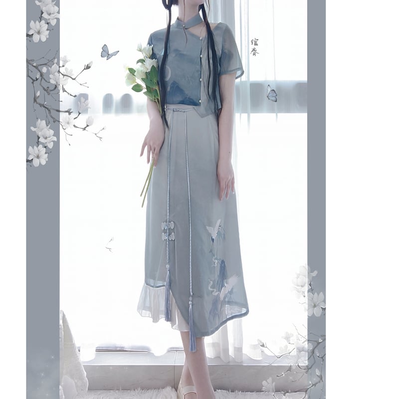 [Dust Smoke Cloud Dream---White Crane Visit Series] ★Chinese style skirt★ Chinese clothes, improved Han clothes, Han clothes skirt, crane, ink pattern