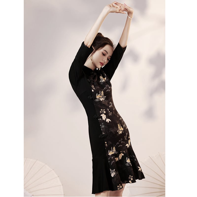 [YUEQIAO Series]★Cheongsam dress★China style dress Mermaid line Temperament enhancement Long sleeve Switchable