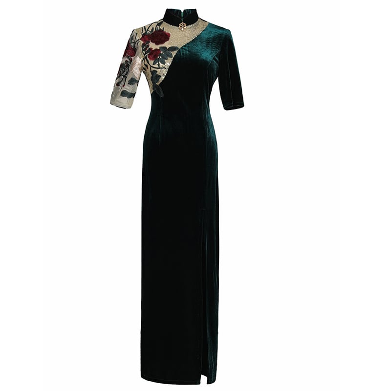 [Encounter dress series] ★Cheongsam dress★ Velvet embroidery Improves temperament Maxi length Large size Green Green