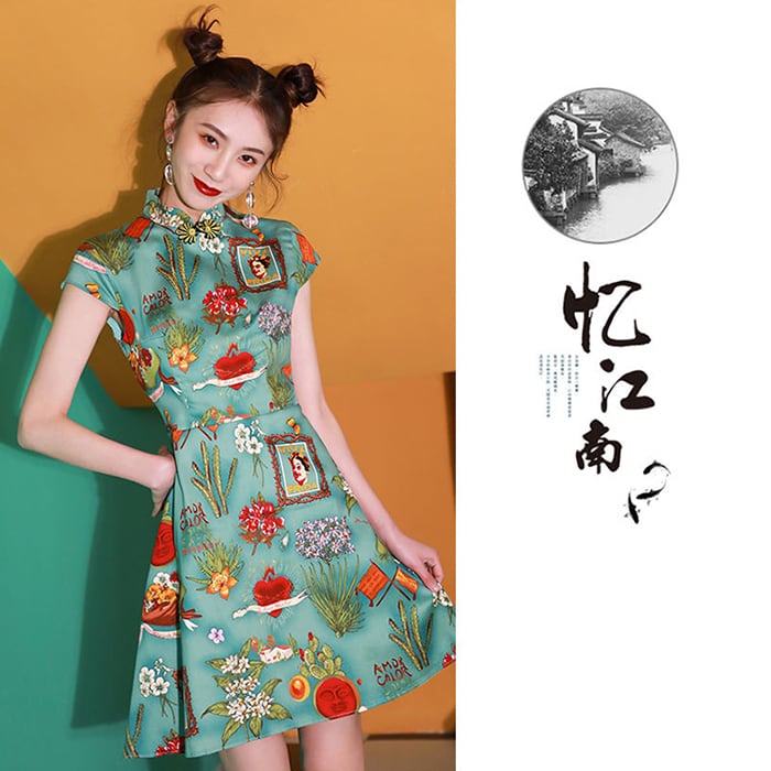 [Sumiyun Kokucho Series] ★Cheongsam dress★ China-style dress, Chinese-style clothes, Chinese clothes, mini length, cute, slimming