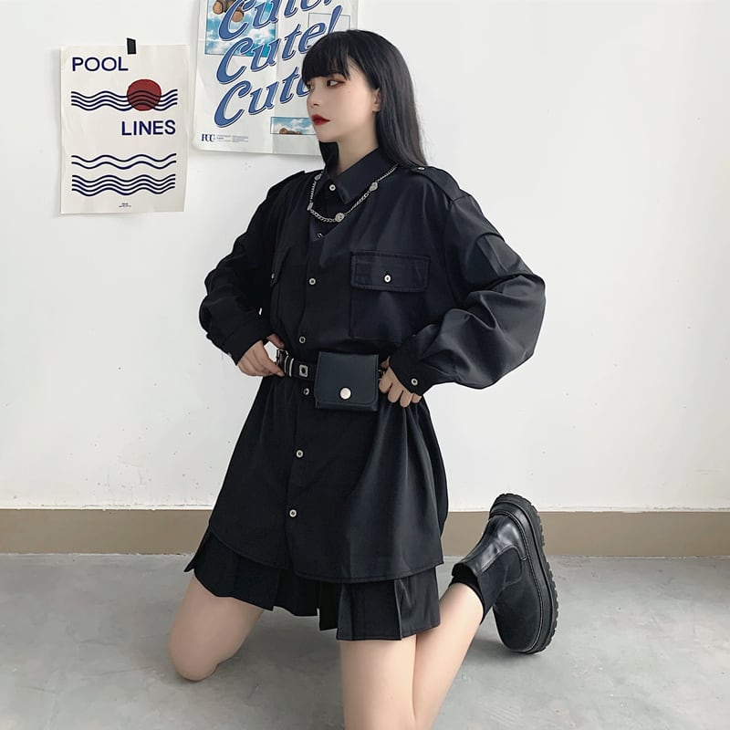 [Demon King Series] ★Shirt + belt★ 2-piece set Harajuku style black black women's fashion cool landmine type