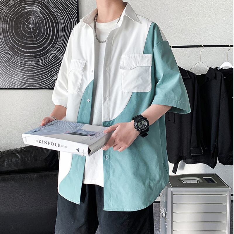 [BIGEMAN Series]★Shirt★ Tops 2color Unisex Men's Large Size Color Scheme Short Sleeve Shirt White Green