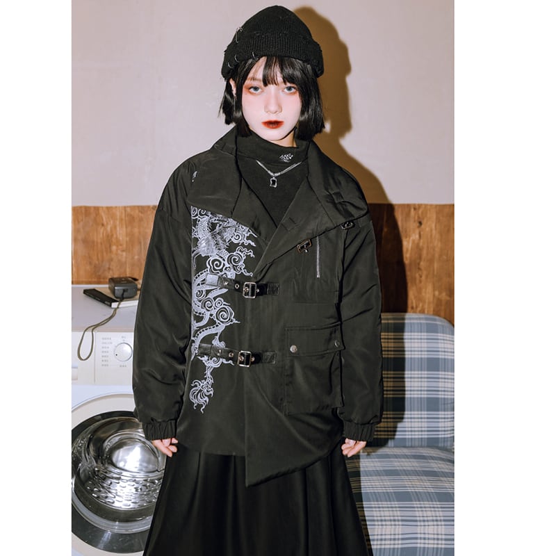 [Ancient monster house---Sankairyoryu series] ★China style coat★ Cotton coat Dragon Dragon crest winter coat Black Black