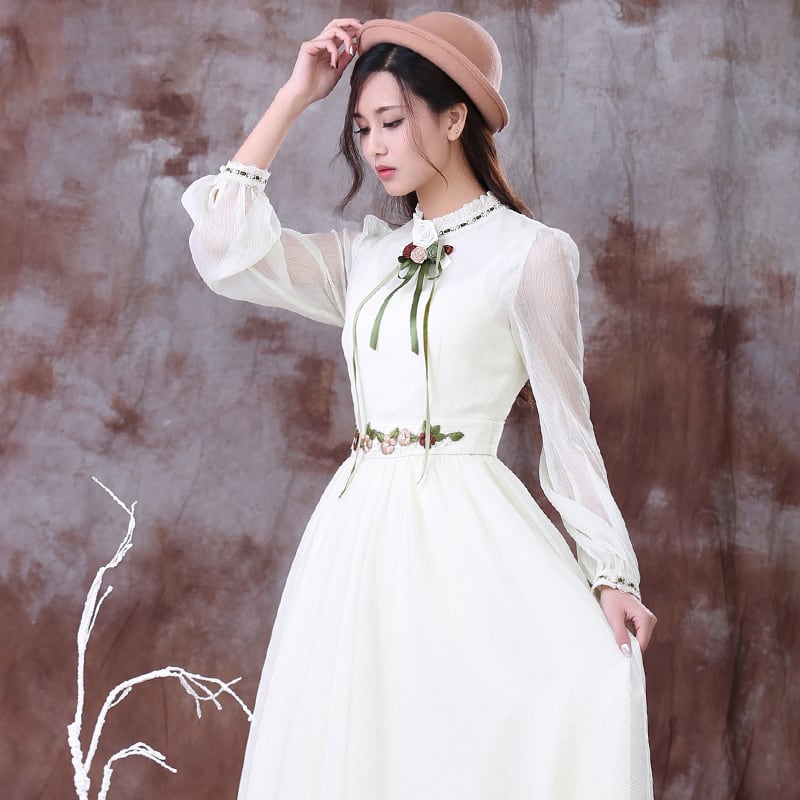 [Nan Kemu Series] ★One Piece★ Long Sleeve One Piece Dress Women's Date Ribbon Chiffon White White