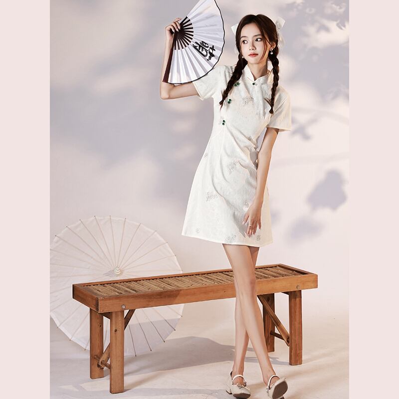 [YUEQIAO series]★Cheongsam dress★Short length Chinese style dress White White Cute Slimming look