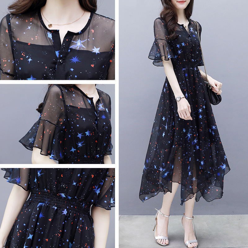 [Lu Xiaojie] ★Starry sky dress★ Dress, ladies fashion, slimming, cute, large size, navy