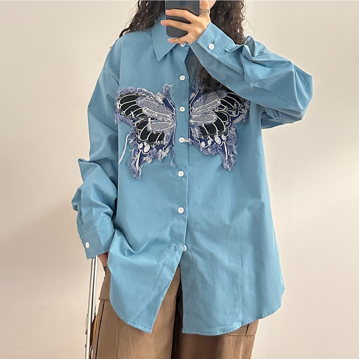 [UATONLINE Series]★Shirt★ 3color Tops Butterfly Unisex Men's Retro Blue White Pink