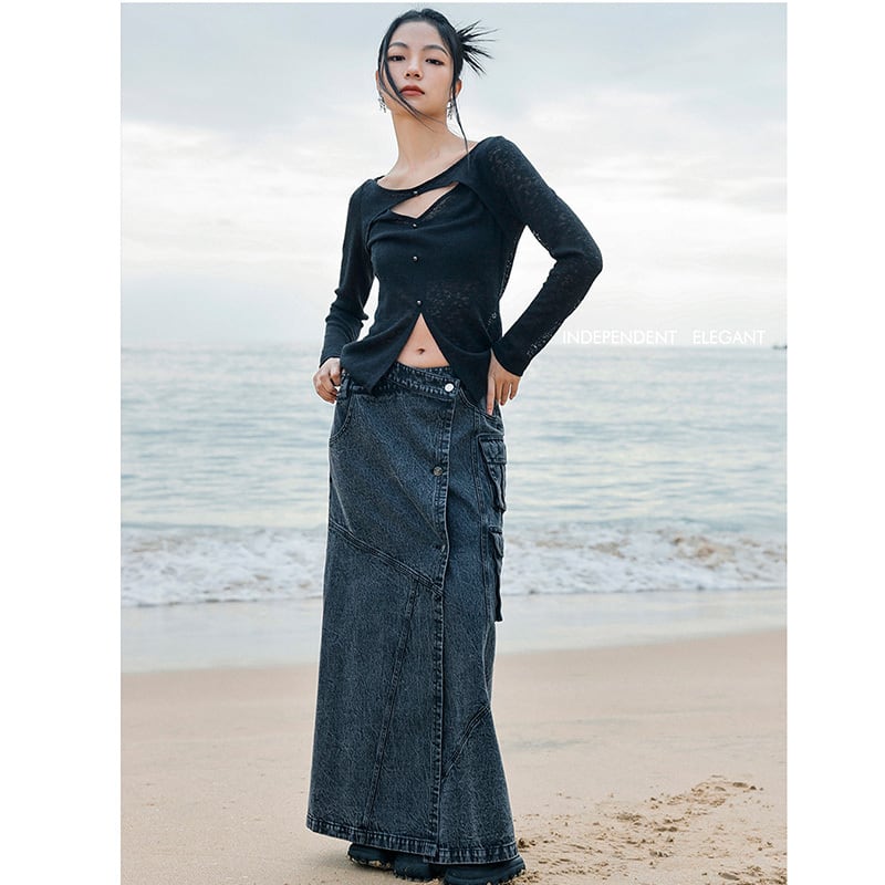 [Daiseiryusu Series] ★China style skirt★ Bottoms Denim skirt Long skirt Slit