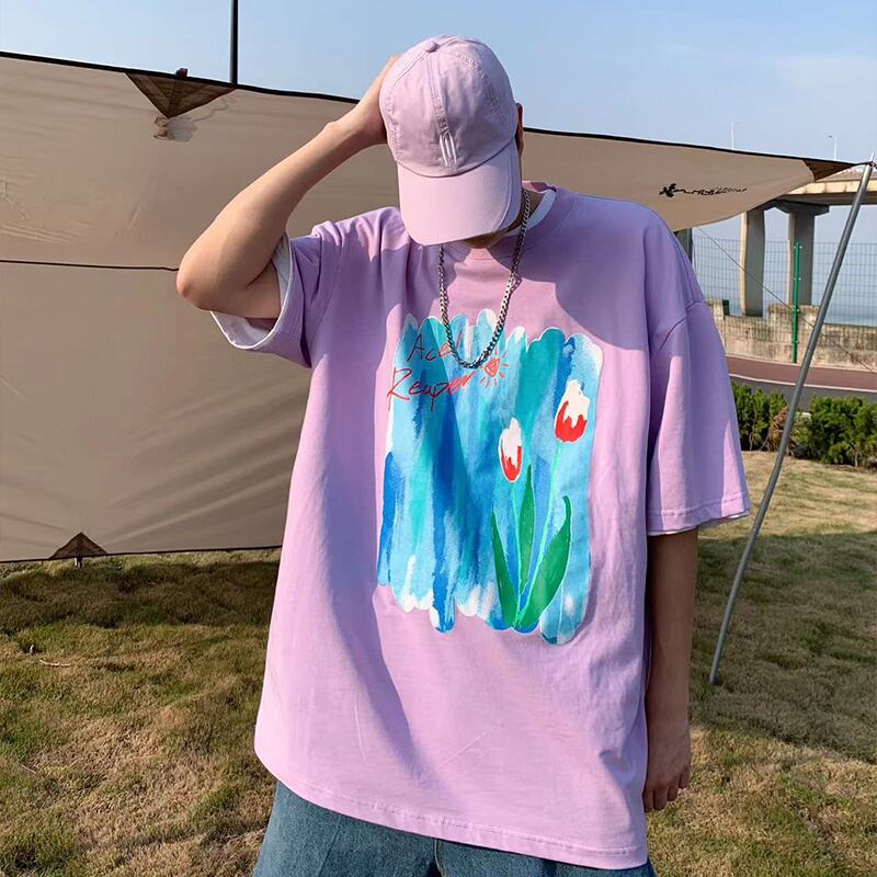 【PVシリーズ】★Tシャツ★ 3color トップス 油絵風 彩 夏服 半袖Tシャツ ホワイト ブラック パープル