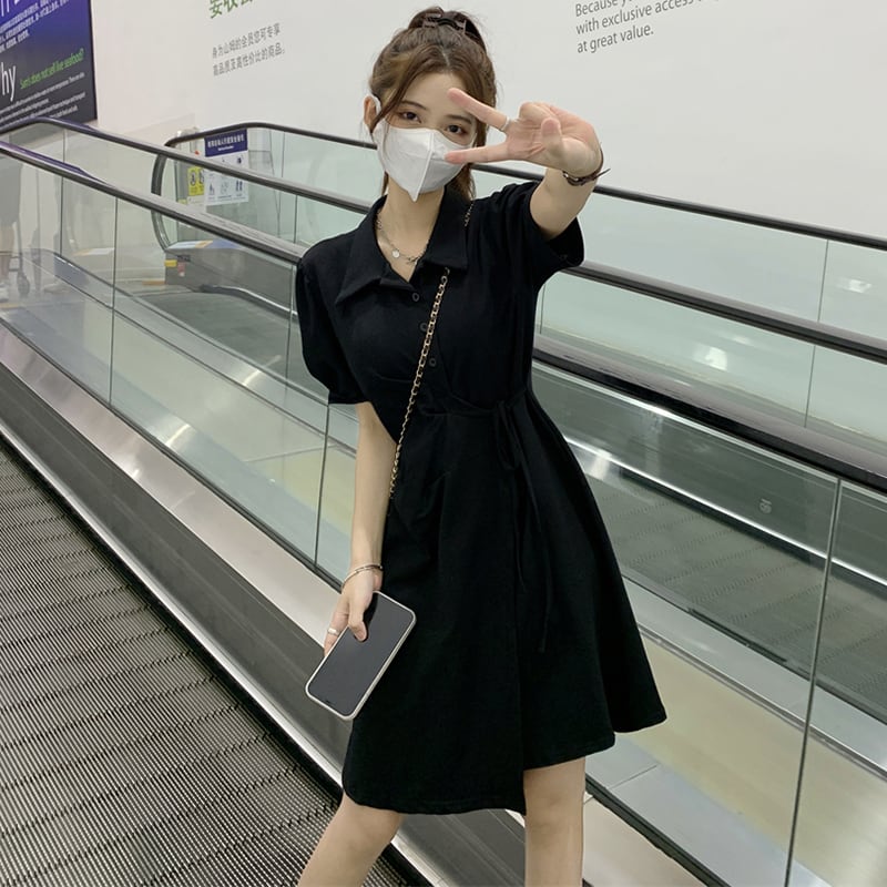 [YIHAO Series] ★Dress ★ 2color Short Sleeve Dress Short Length Dress Women's Gray Black