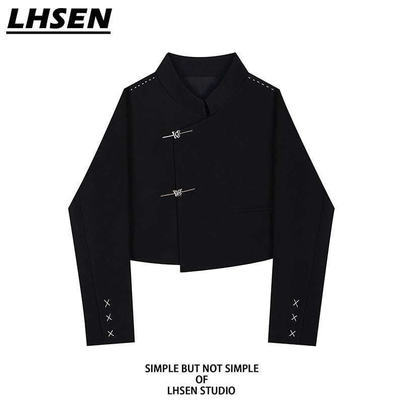 【LHSENシリーズ】★チャイナ風ブレザー★ アウター ショート丈 合わせやすい デザイン性有り 黒 S M L XL