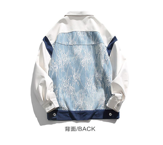 [GPstudio Series]★Jacket★ Outerwear Unisex Men's Unique Cotton Lace Switching Blue Blue