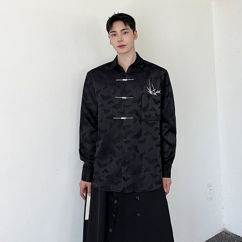 [Illustrated series] ★China style shirt★ Tops, long sleeve shirt, butterfly pattern, unique design, unisex, men's black, black