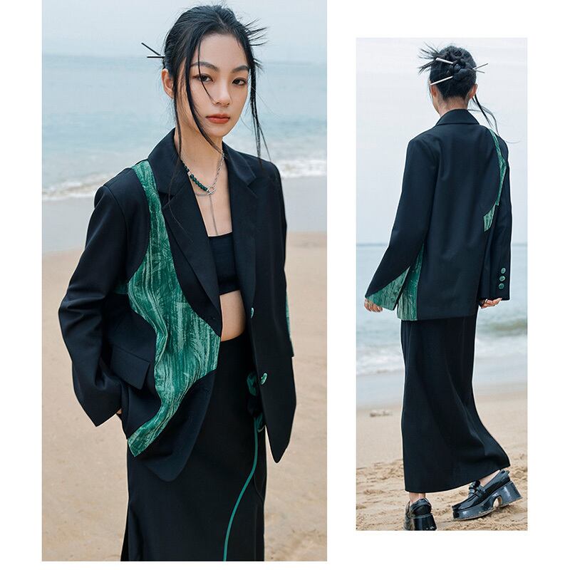 [Daiseiryusu Series] ★China style outerwear★ Blazer switching color scheme original black black easy to match