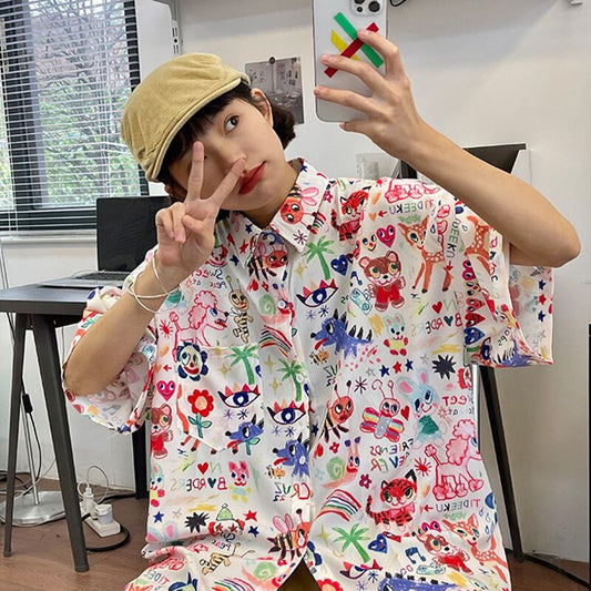 [PMFIVEE Series] ★Short Sleeve Shirt★ Shirt Tops Thin Graffiti Cartoon Print Unisex Men's Cute