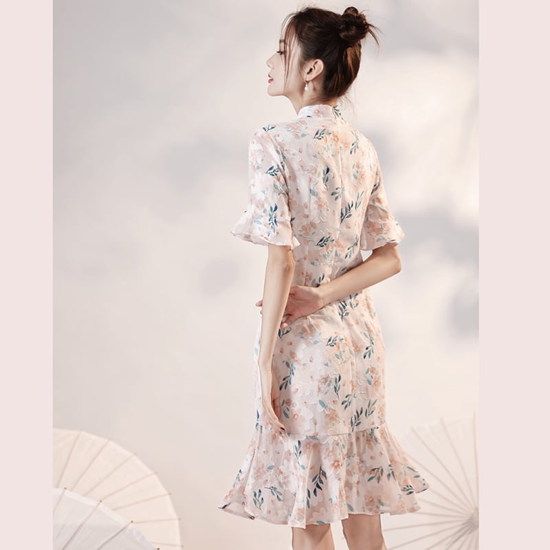 [YUEQIAO Series]★Cheongsam dress★Short length mermaid line Chinese style dress Chiffon Light pink