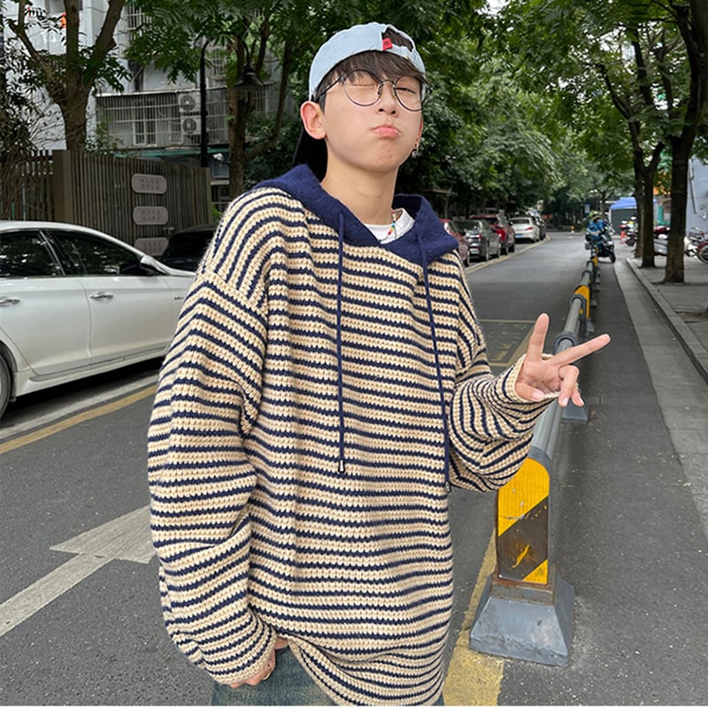 [NANSHI Series]★Sweater★ 2color Knit Parka Tops Unisex Men's Horizontal Stripes Striped Pattern Black Blue