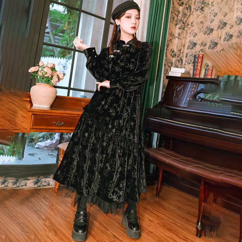 [Kokaisha --- Chichiku Series] ★China style dress★ Velvet thick black black long length