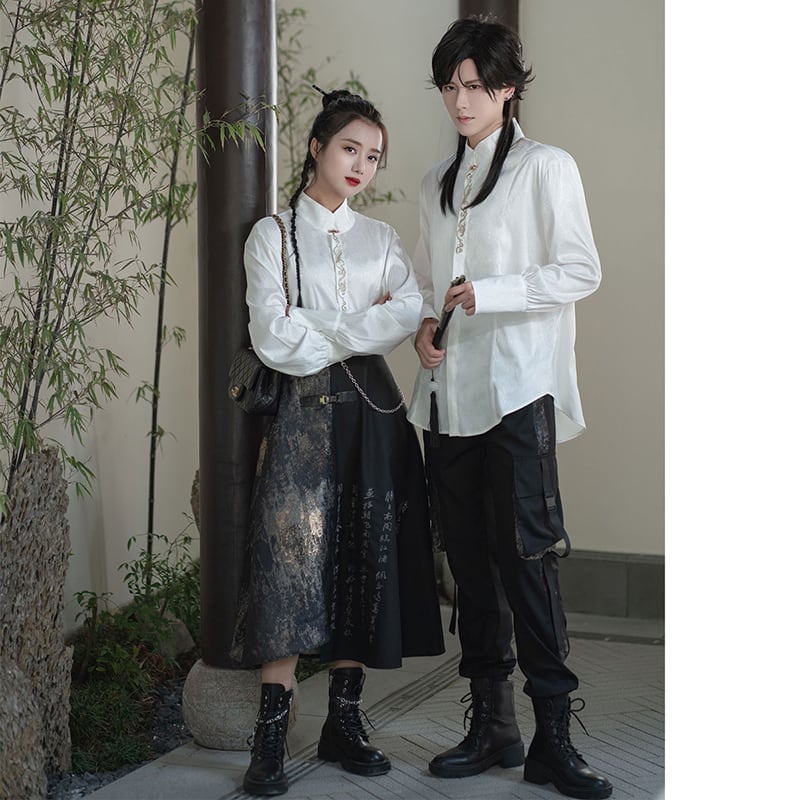 [Qingtang --- Yunzhong-kun Series] ★Chinese style shirt★ Long sleeve shirt embroidery Chinese clothes Easy to match Unisex Men's White White