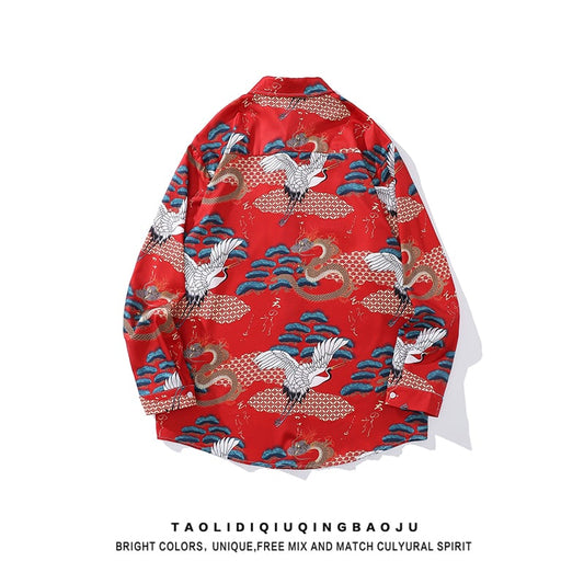 [Escaped Earth Series] ★China style shirt★ Long sleeve shirt tops Crane Crane pattern Unisex Men's ML XL 2XL Red Red