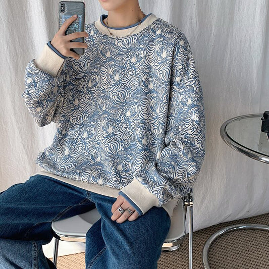 [Tiaota Series] ★Fleece-lined tops★ 2color Blue or Black Unisex Print Floral Pattern Faux Layered