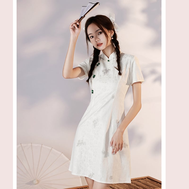 [YUEQIAO series]★Cheongsam dress★Short length Chinese style dress White White Cute Slimming look