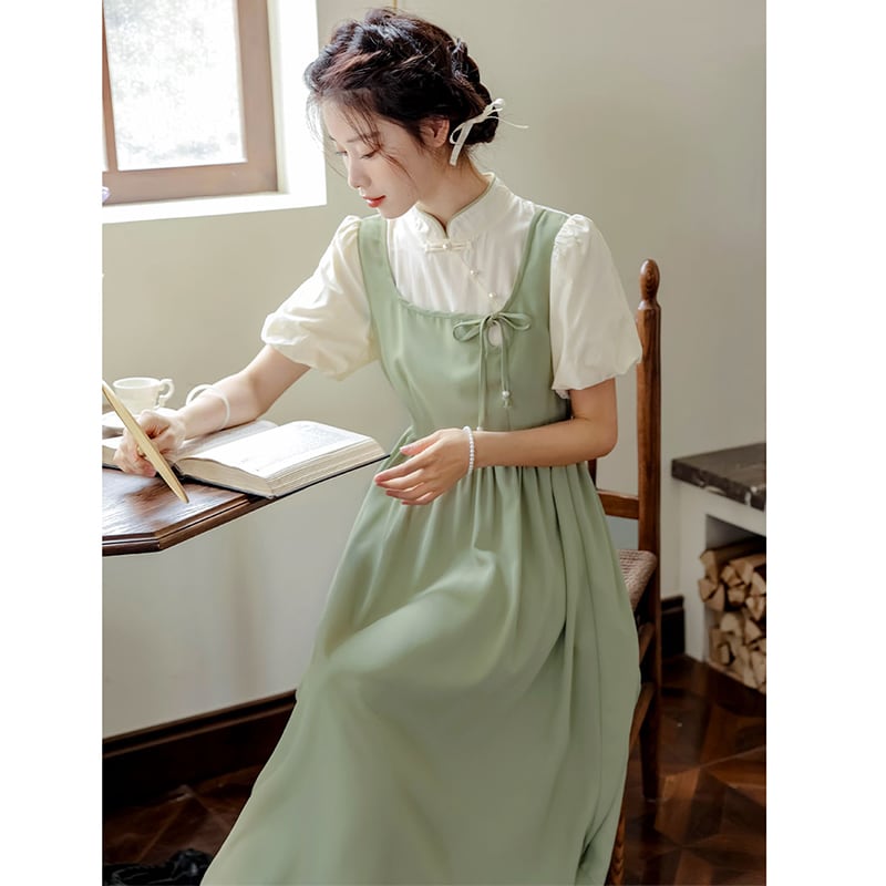 [White Moonlight Series] ★China style dress★ 2color improved cheongsam dress summer clothes fake layered black green